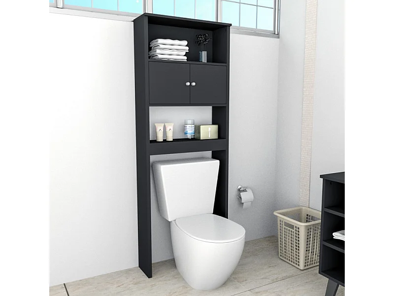 Armoire WC 2 Portes Noire 3 Niches L 65 H 175 P 22 cm