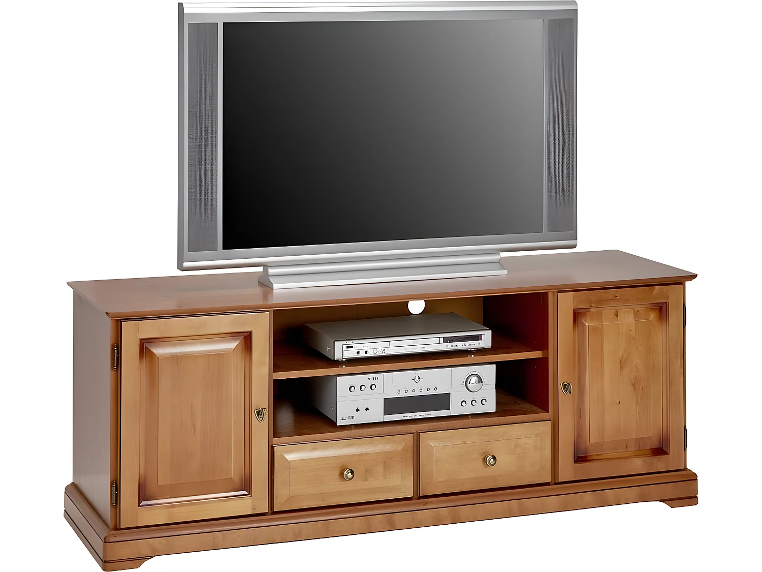 Meuble TV 60 Pouces Merisier 2 Portes 2 Tiroirs 6 Niches L 158.8 H 60.3 P 46 cm