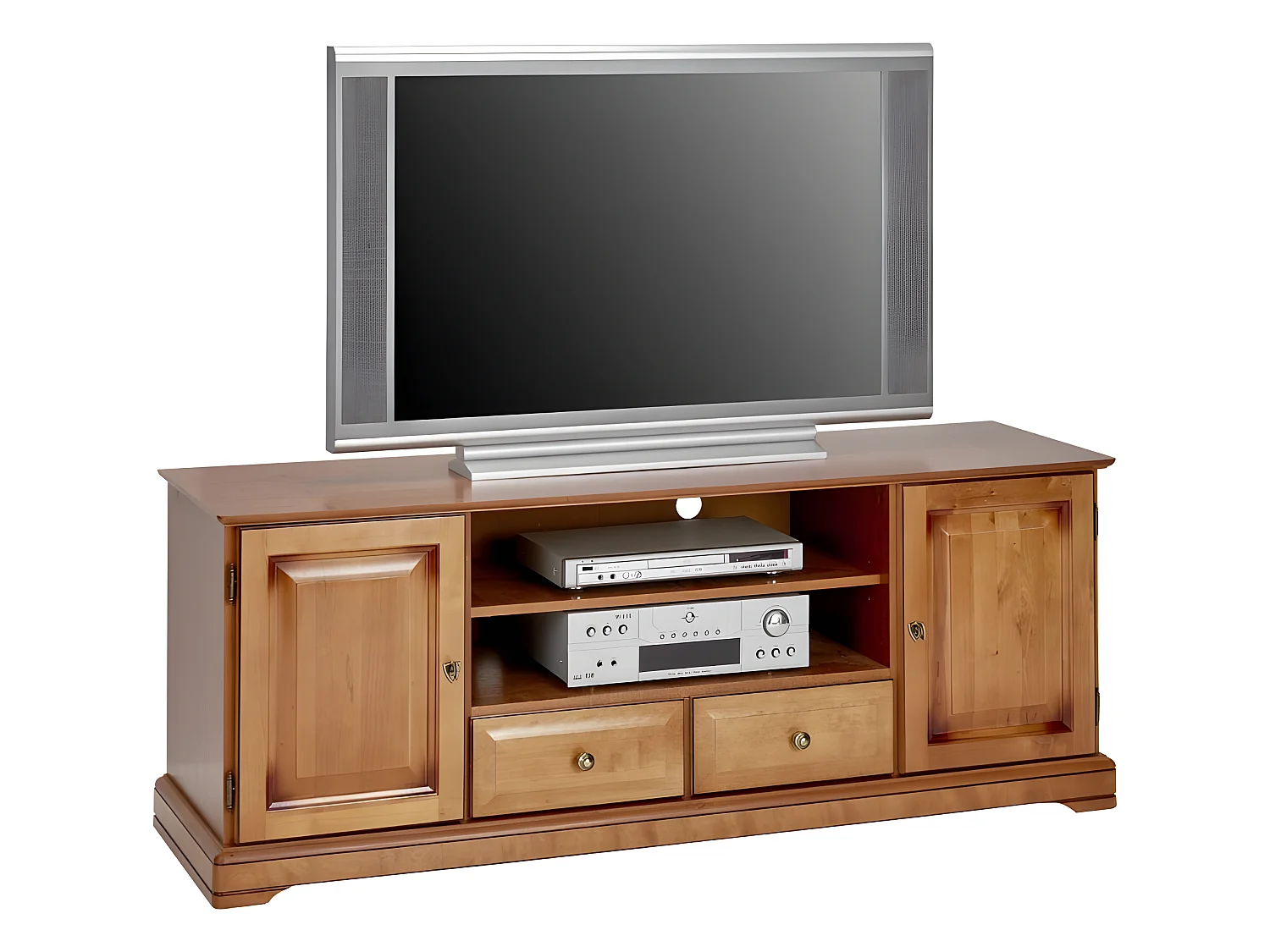 Meuble TV 60 Pouces Merisier 2 Portes 2 Tiroirs 6 Niches L 158.8 H 60.3 P 46 cm