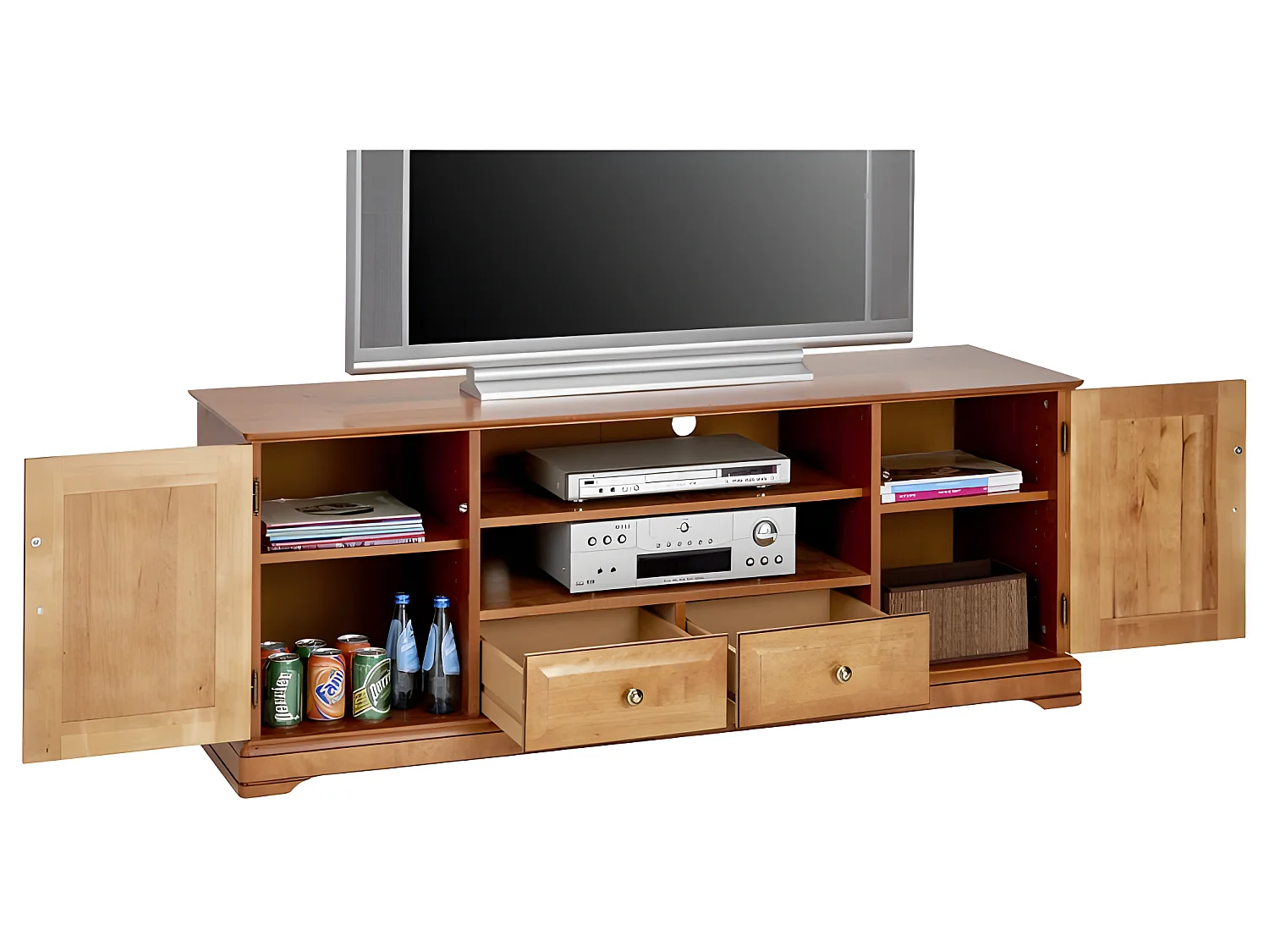 Meuble TV 60 Pouces Merisier 2 Portes 2 Tiroirs 6 Niches L 158.8 H 60.3 P 46 cm