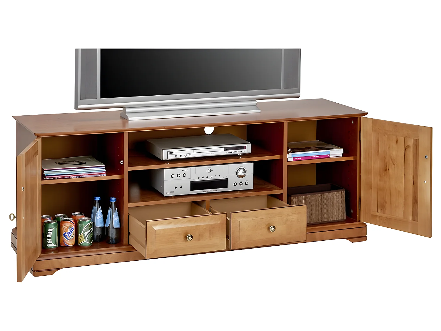 Meuble TV 60 Pouces Merisier 2 Portes 2 Tiroirs 6 Niches L 158.8 H 60.3 P 46 cm