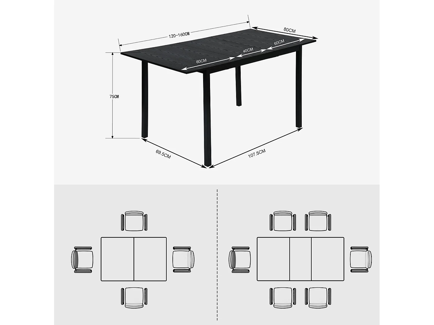 Table à manger extensible à allonge papillon intégrée,bari