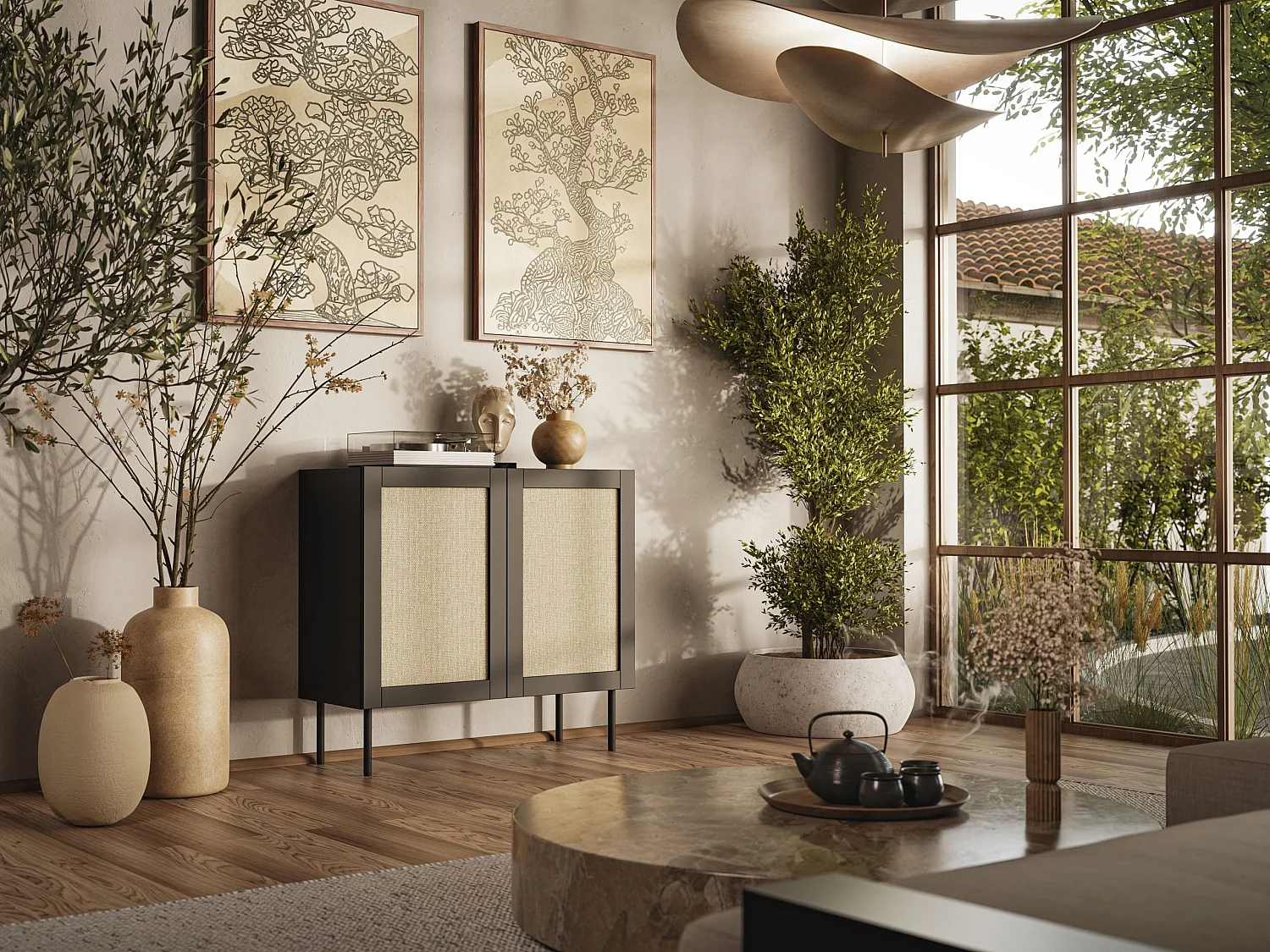 Kommode YUCCA 100 cm 2D Schwarz Matt/ Calabria-Rattan