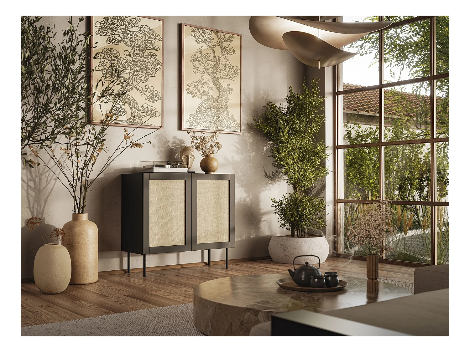 Commode YUCCA 100 cm 2D Noir mat / Rotin calabria