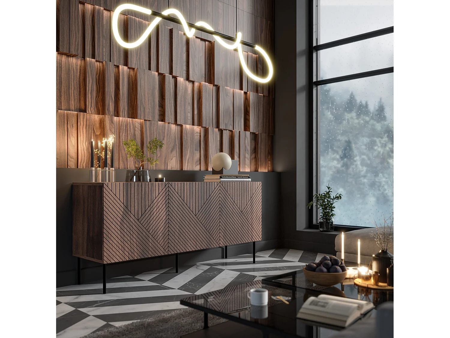 Commode NOCCIOLA 150 cm 3D façades fraisées Noyer Warmian