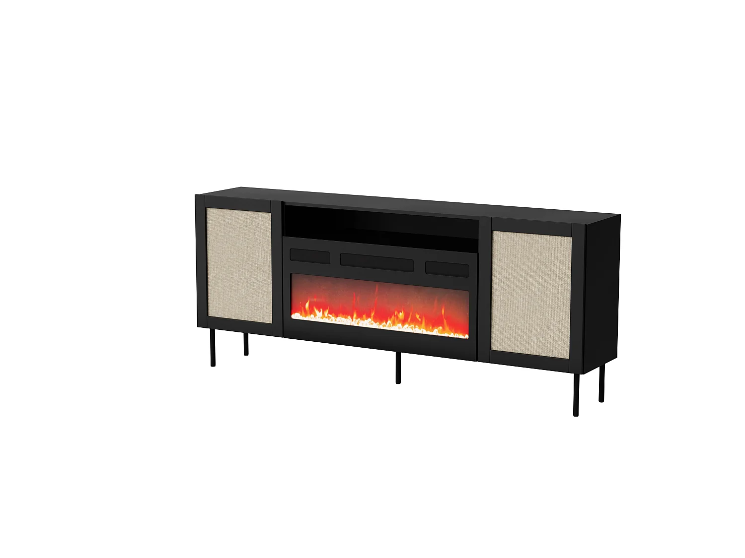 Comoda YUCCA 200 cm Negro mate / Ratán Calabria + chimenea eléctrica