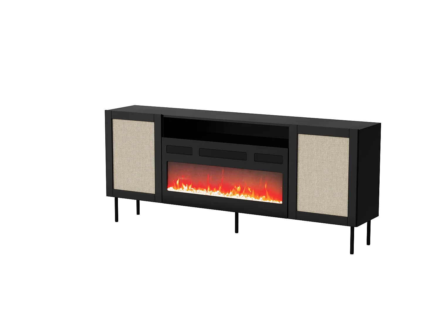 Commode YUCCA 200 cm Noir mat / Rotin calabria + cheminée électrique