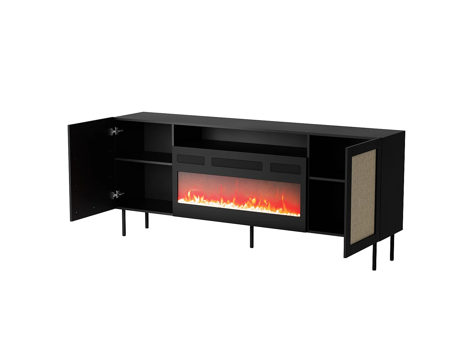 Commode YUCCA 200 cm Noir mat / Rotin calabria + cheminée électrique