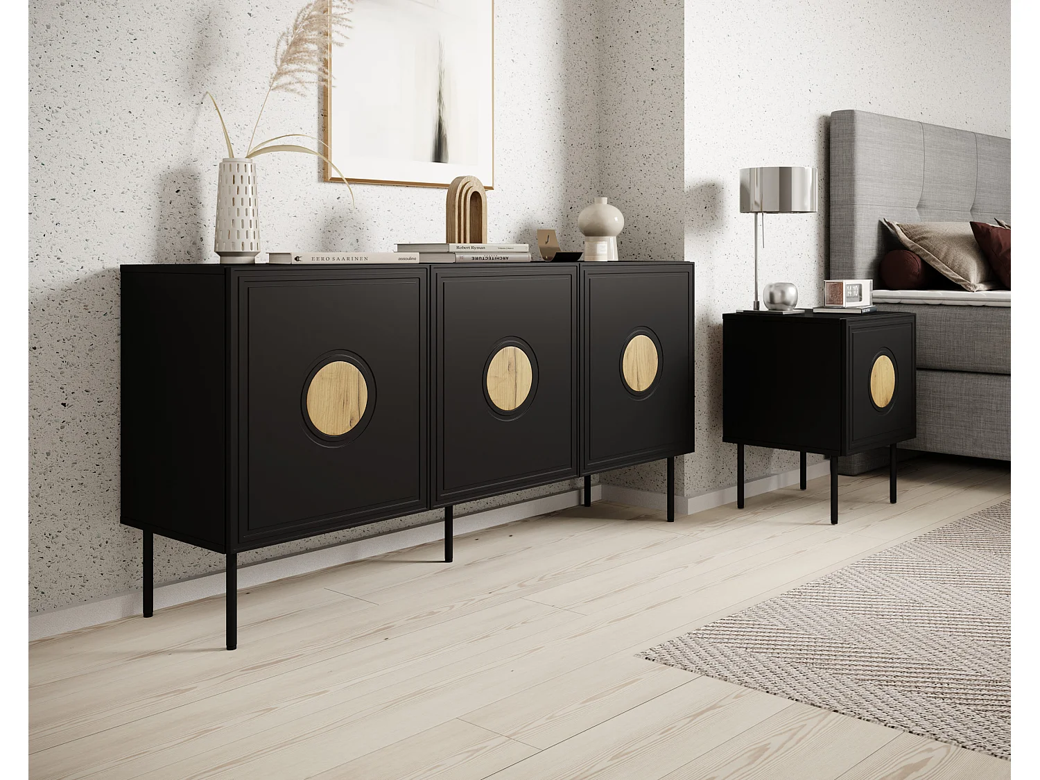 Kommode PALACE 150 cm 3D Schwarz matt / Craft Eiche