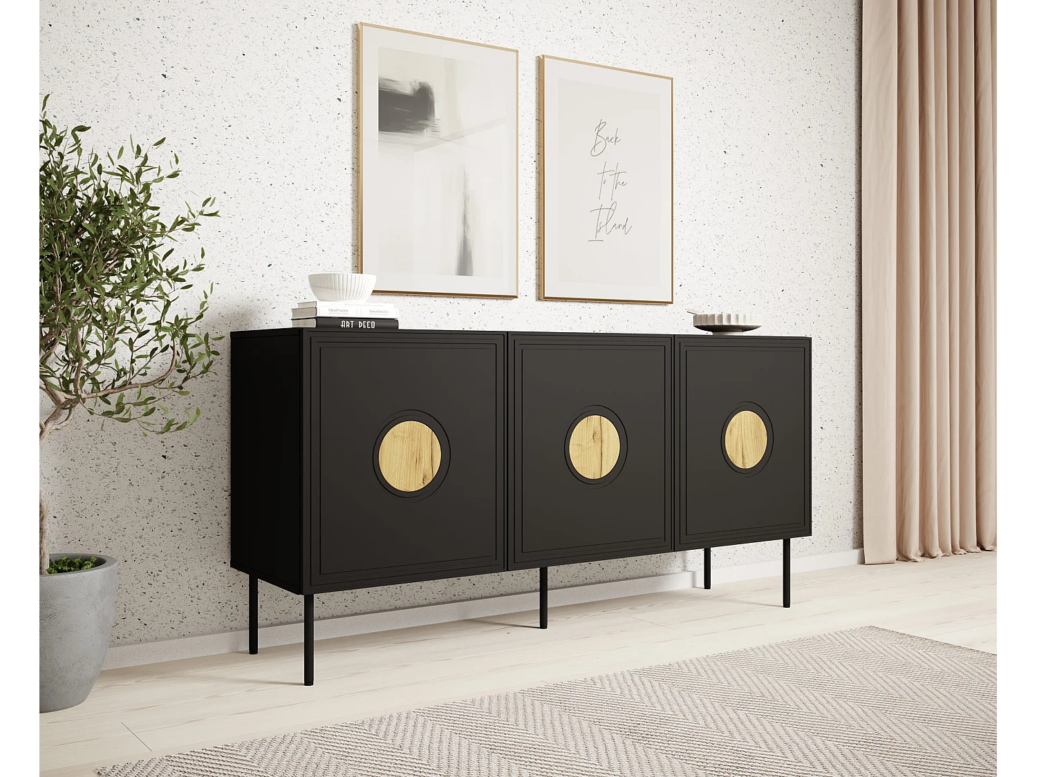 Commode PALACE 150 cm 3D noir mat / chêne craft