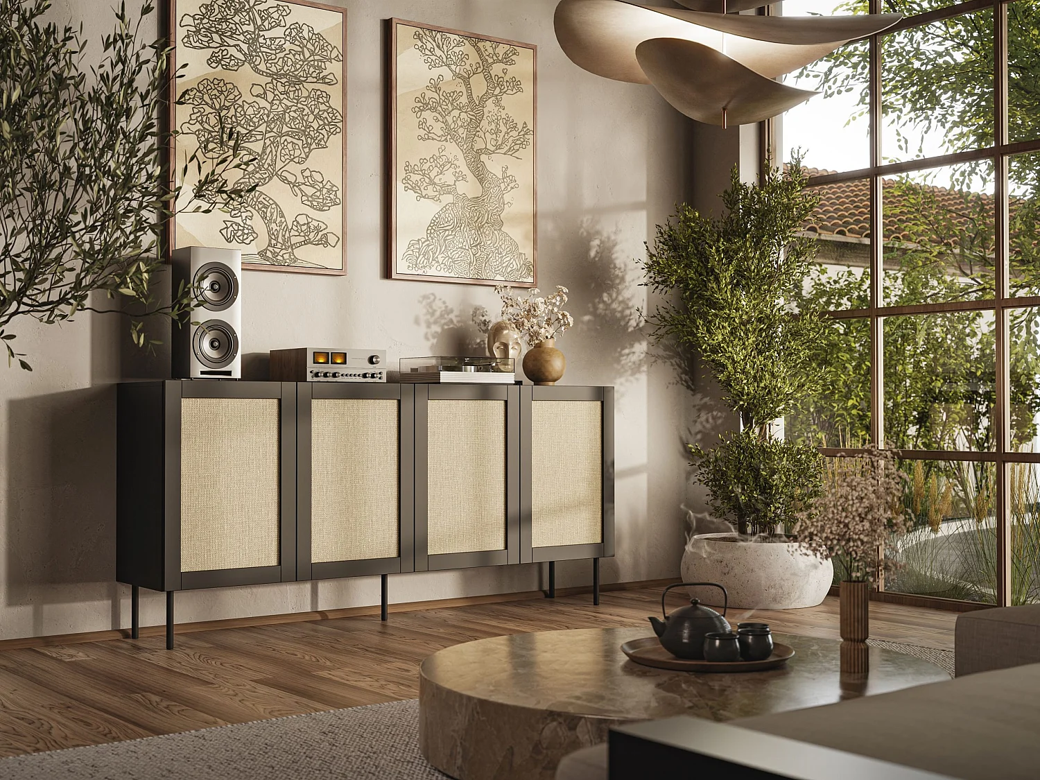 Commode YUCCA 200 cm 4D Zwart Mat / Calabria-rotan