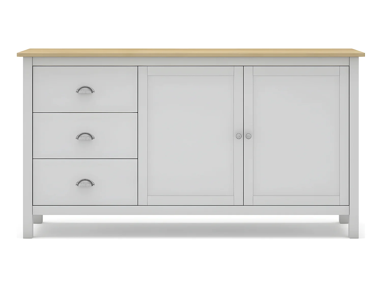 Buffet 2 portes 3 tiroirs en pin massif blanc / effet chêne 150 cm - Macha
