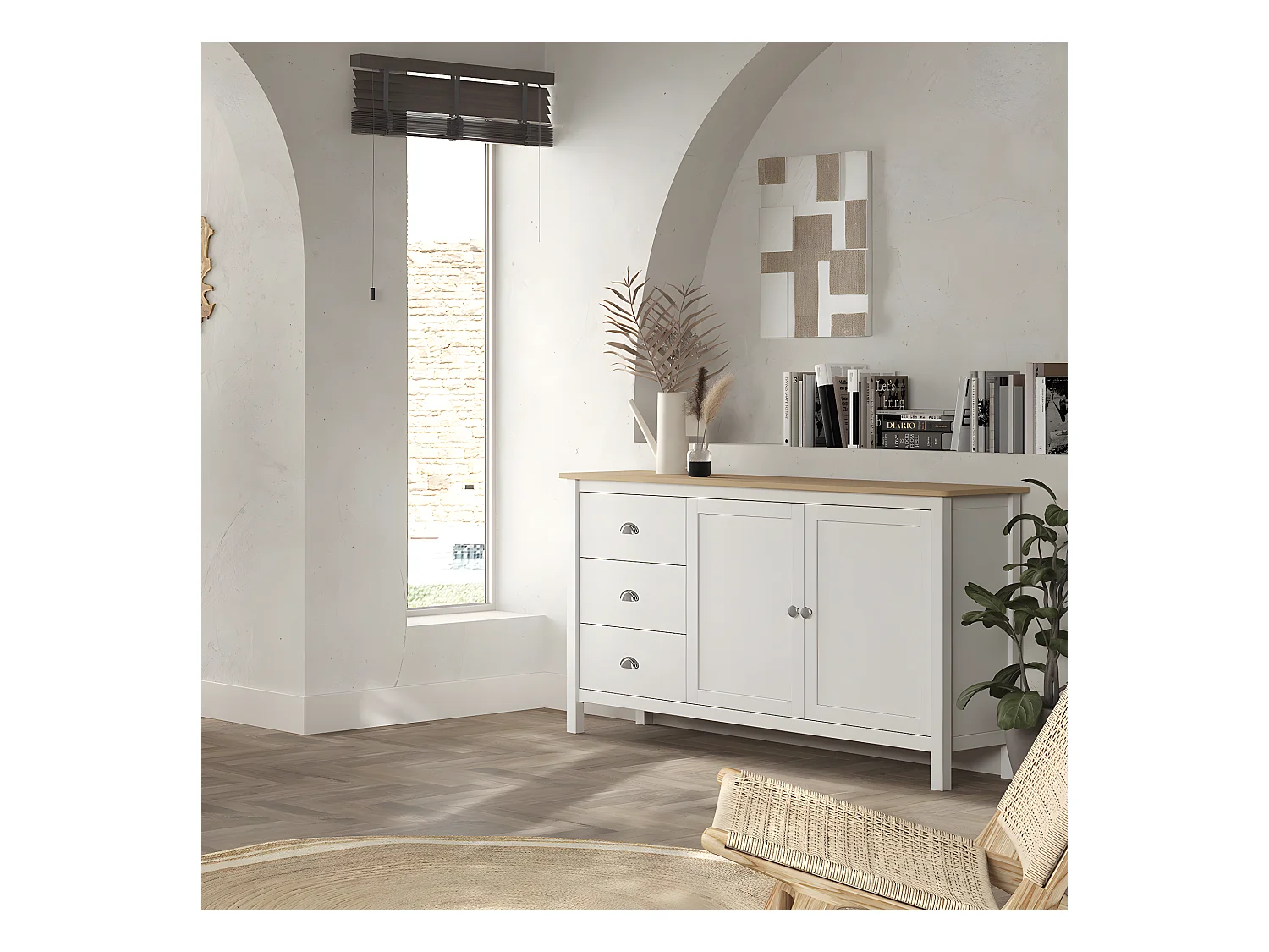 Buffet 2 portes 3 tiroirs en pin massif blanc / effet chêne 150 cm - Macha