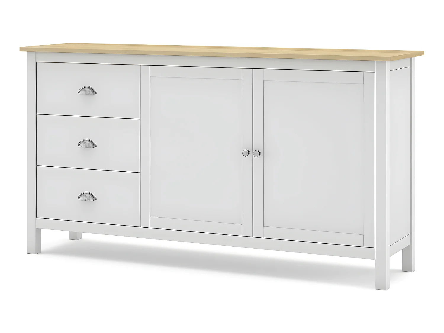 Buffet 2 portes 3 tiroirs en pin massif blanc / effet chêne 150 cm - Macha