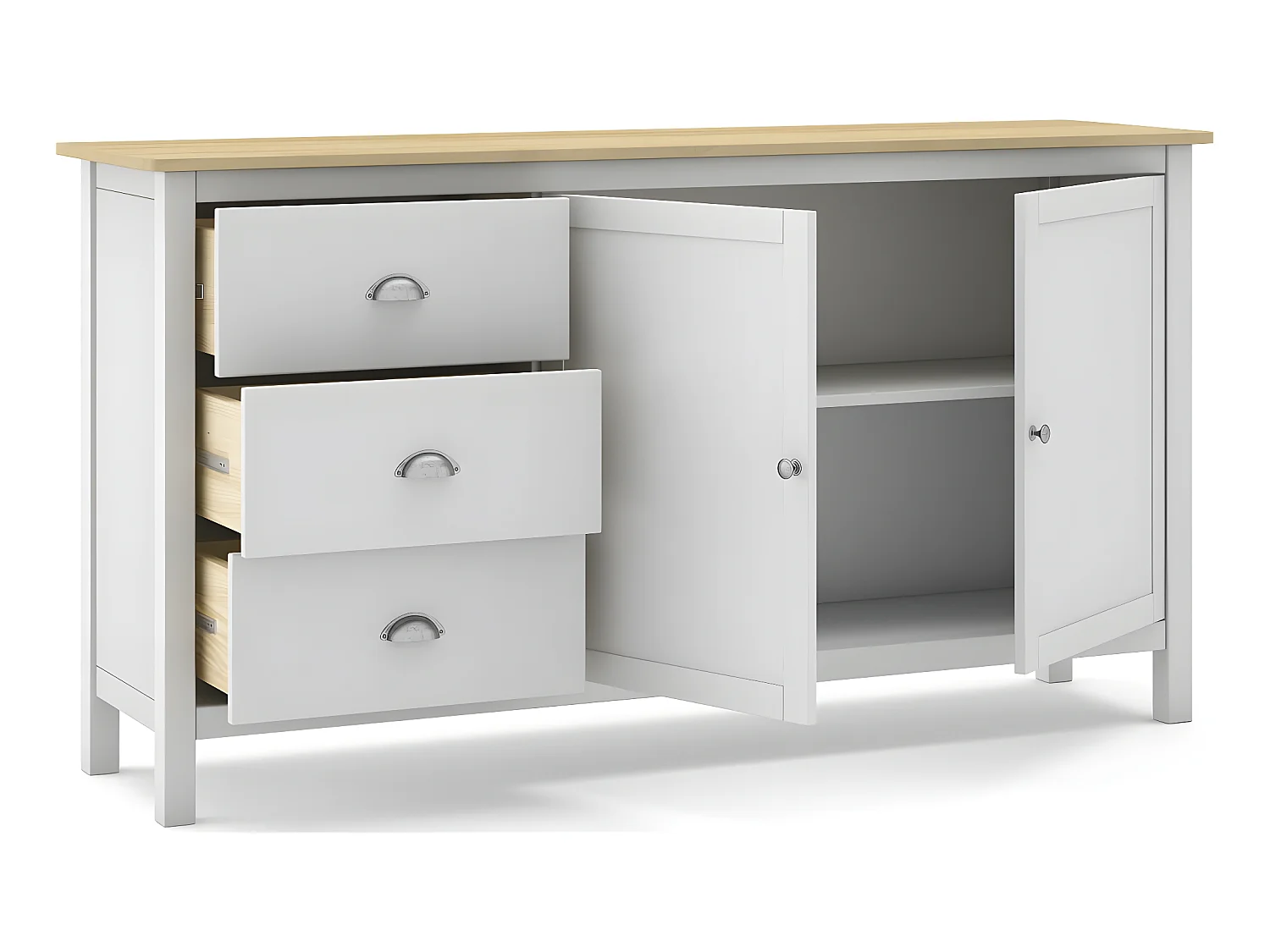 Buffet 2 portes 3 tiroirs en pin massif blanc / effet chêne 150 cm - Macha