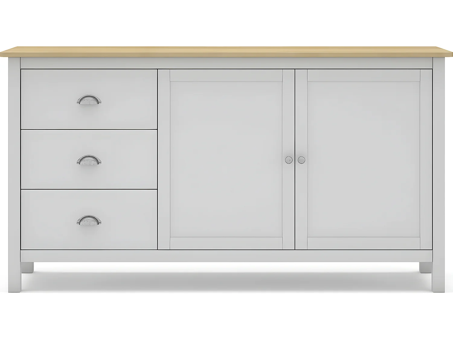 Buffet 2 portes 3 tiroirs en pin massif blanc / effet chêne 150 cm - Macha