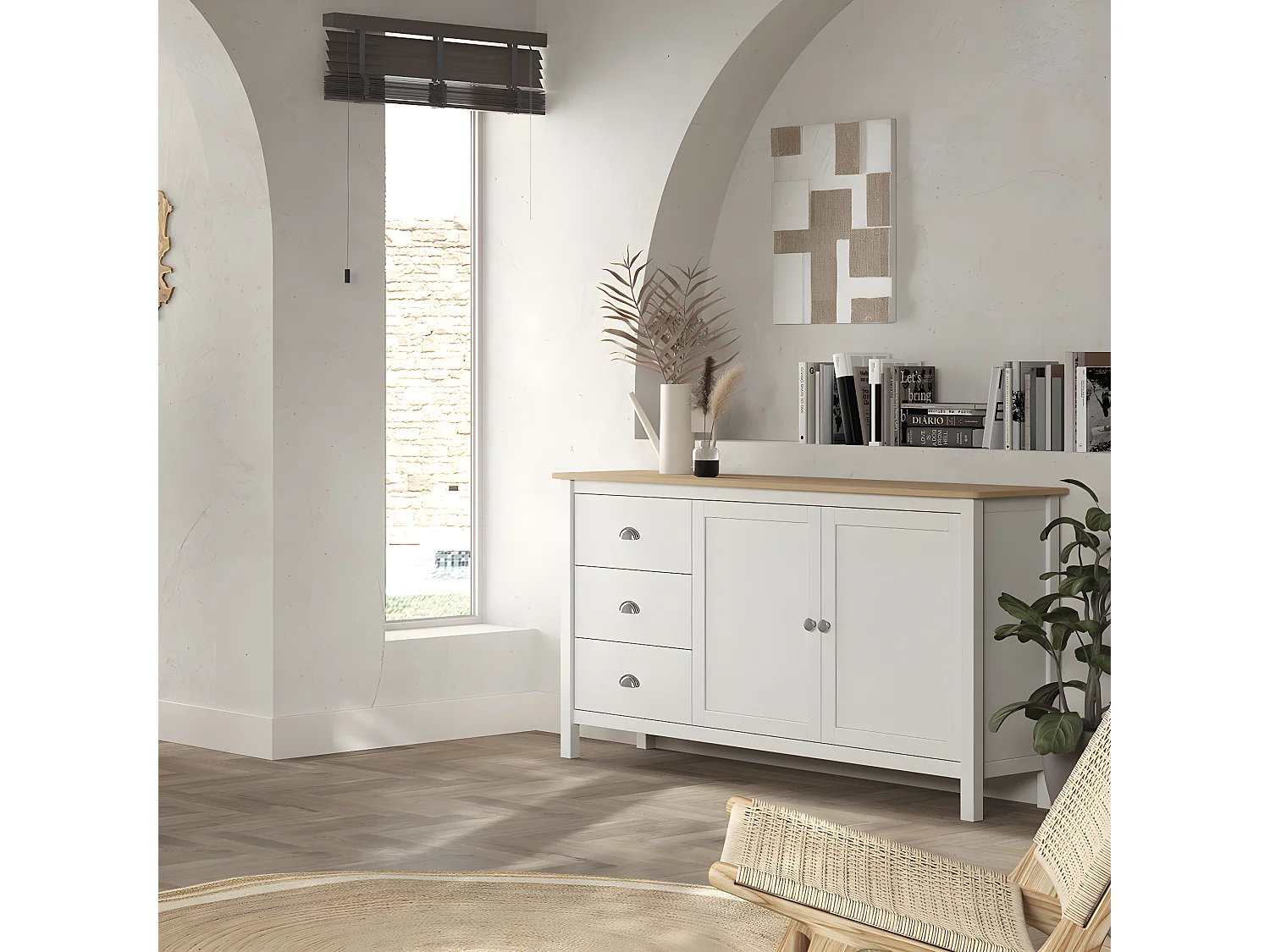 Buffet 2 portes 3 tiroirs en pin massif blanc / effet chêne 150 cm - Macha