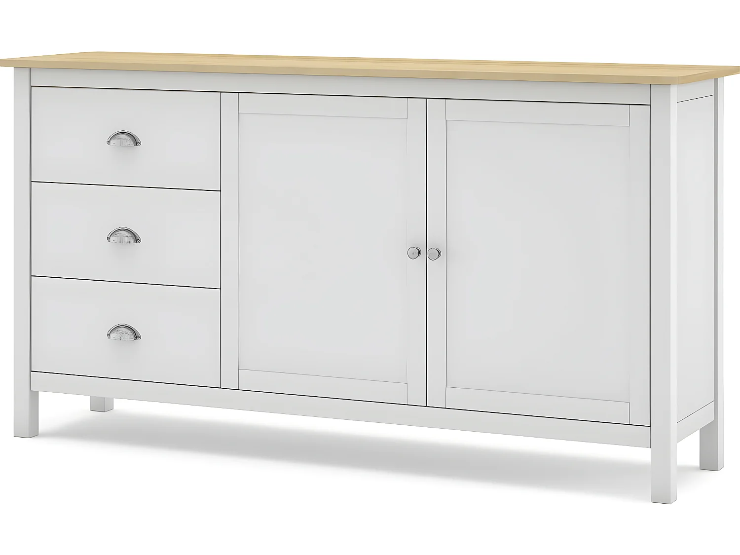 Buffet 2 portes 3 tiroirs en pin massif blanc / effet chêne 150 cm - Macha