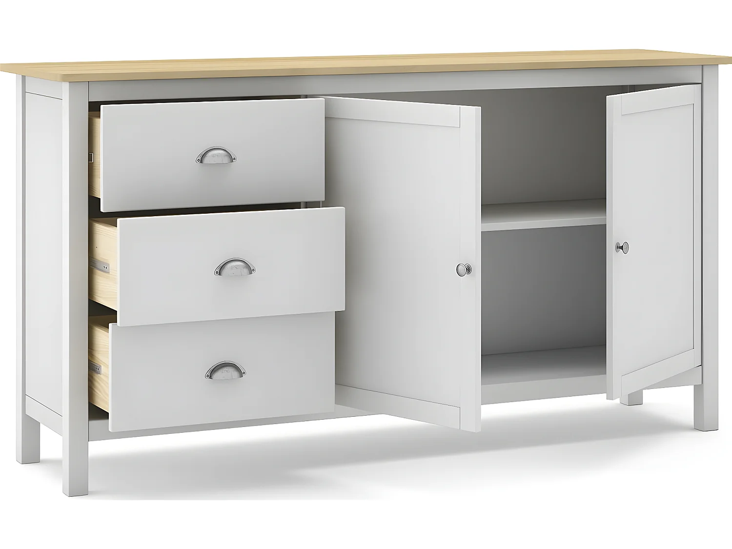 Buffet 2 portes 3 tiroirs en pin massif blanc / effet chêne 150 cm - Macha