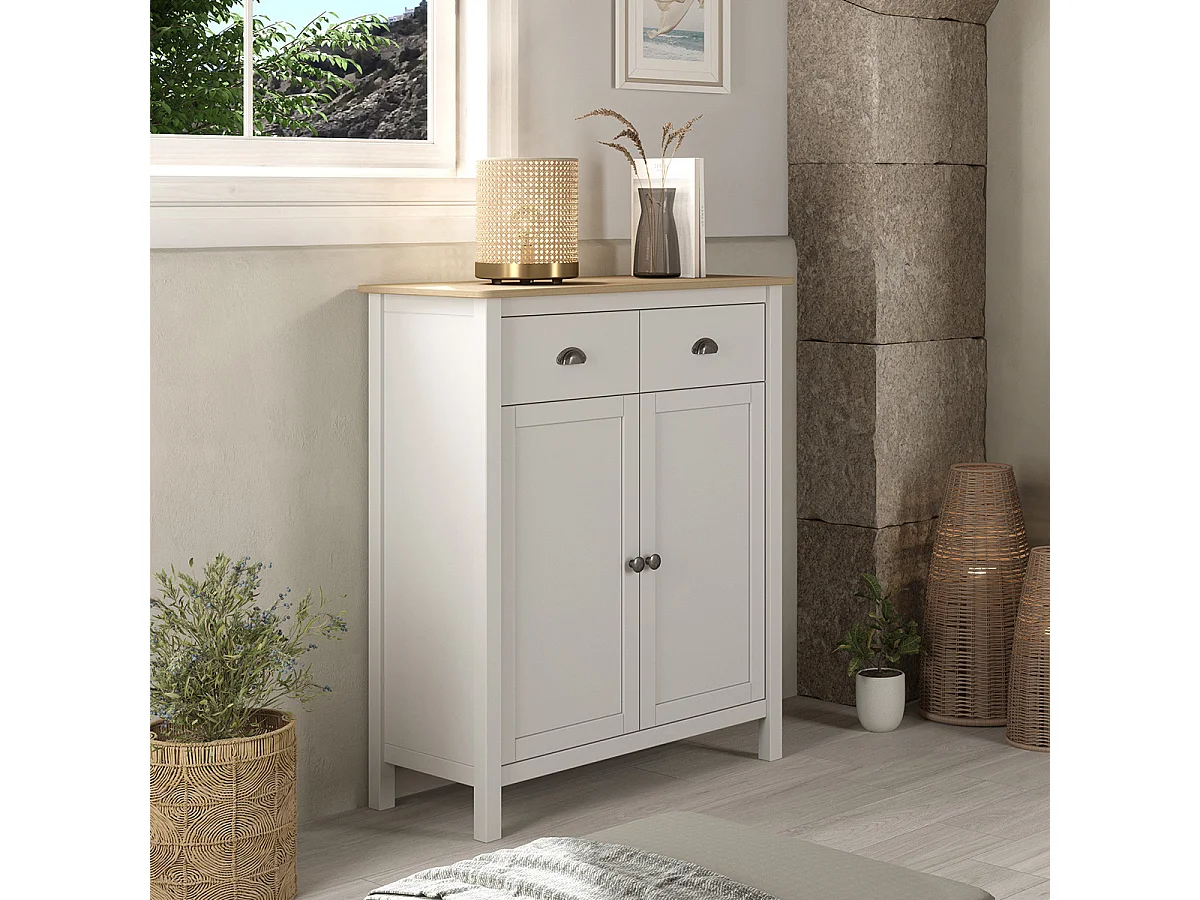 Meuble d'entrée 2 portes 1 tiroir en pin massif blanc / effet chêne 90 cm - Macha