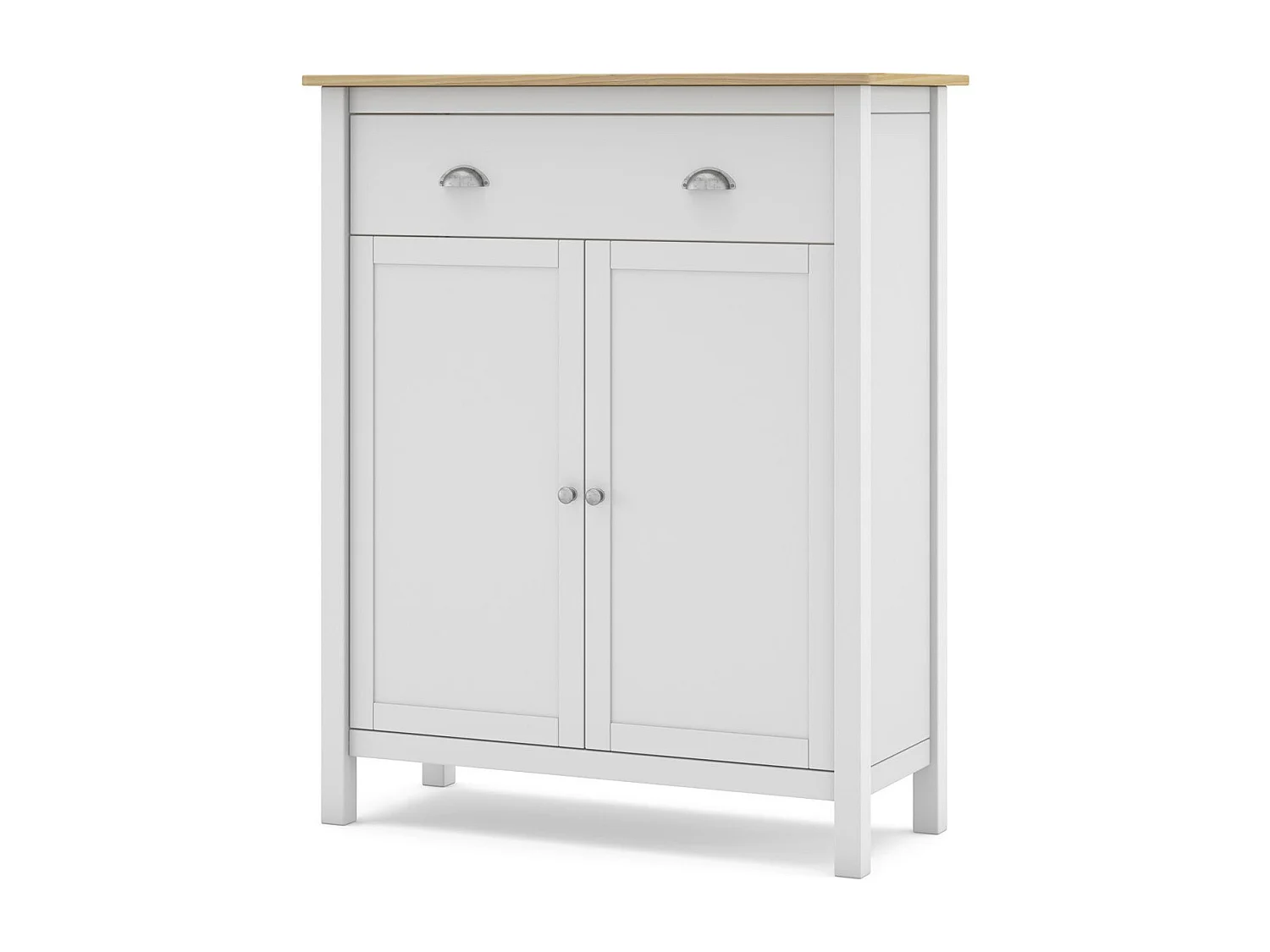 Meuble d'entrée 2 portes 1 tiroir en pin massif blanc / effet chêne 90 cm - Macha