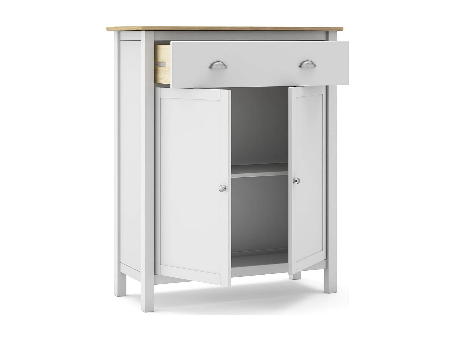 Meuble d'entrée 2 portes 1 tiroir en pin massif blanc / effet chêne 90 cm - Macha