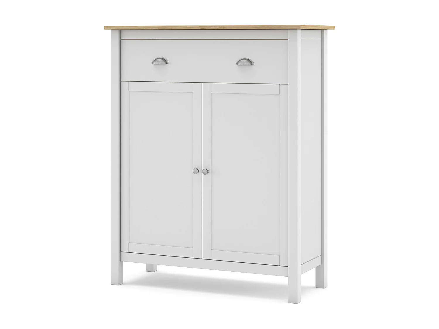 Meuble d'entrée 2 portes 1 tiroir en pin massif blanc / effet chêne 90 cm - Macha