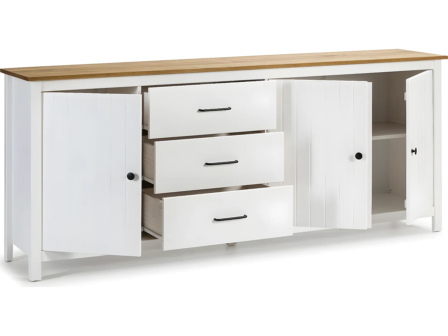 Buffet 3 portes 3 tiroirs en pin massif blanc 190 cm - Ida