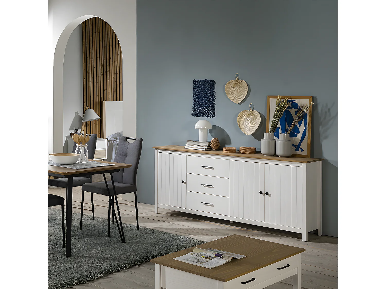 Buffet 3 portes 3 tiroirs en pin massif blanc 190 cm - Ida