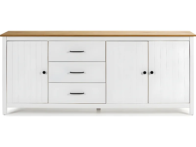 Buffet 3 portes 3 tiroirs en pin massif blanc 190 cm - Ida