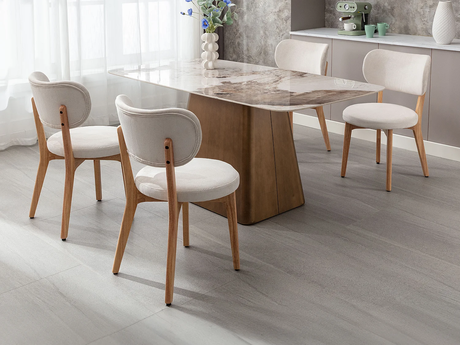 Lot de 2 chaises en velours côtelé et bois d'hévéa - Blanc - TORIEL