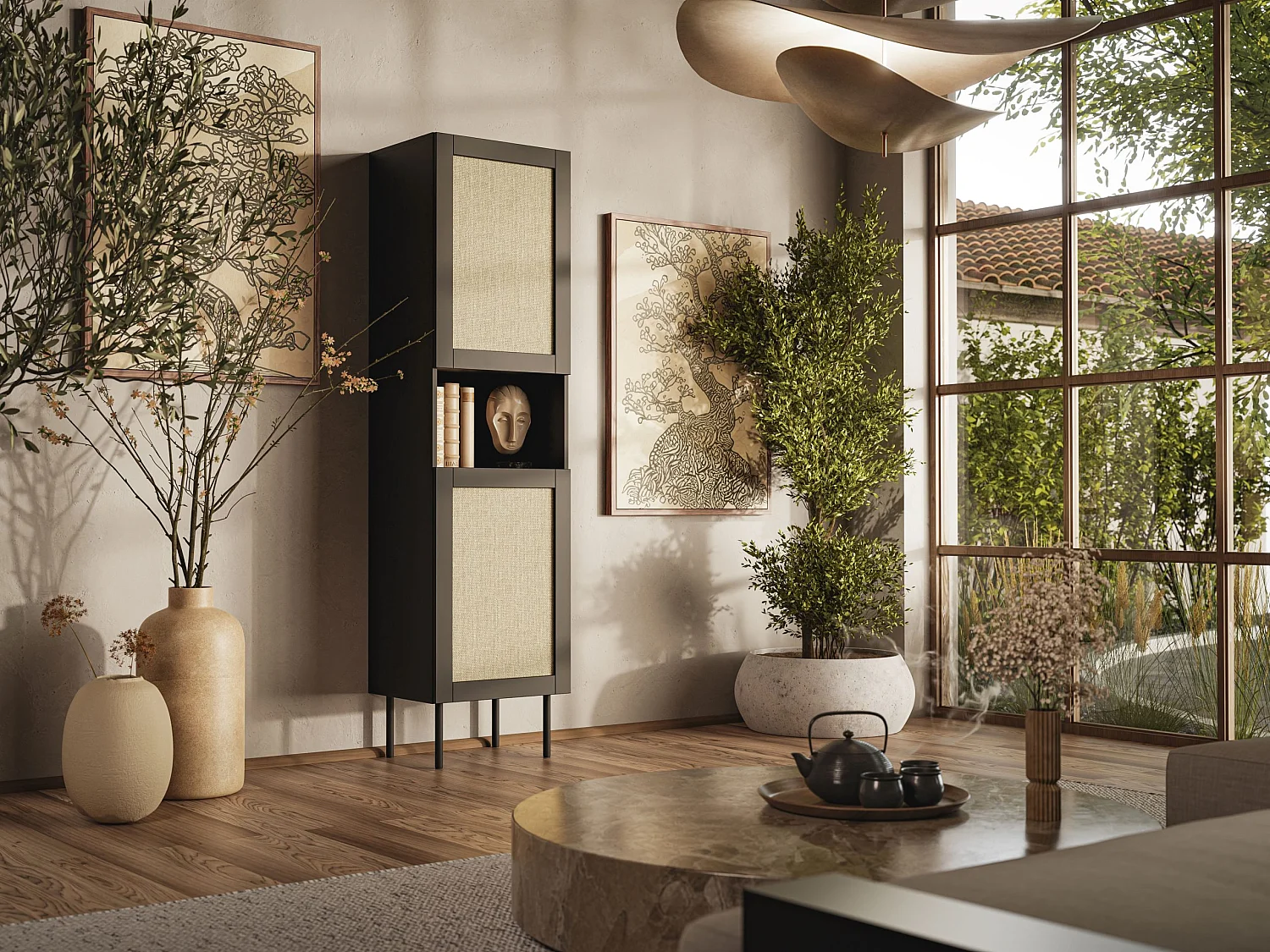 Vitrine YUCCA 50 cm 2D Schwarz Matt/ Calabria-Rattan