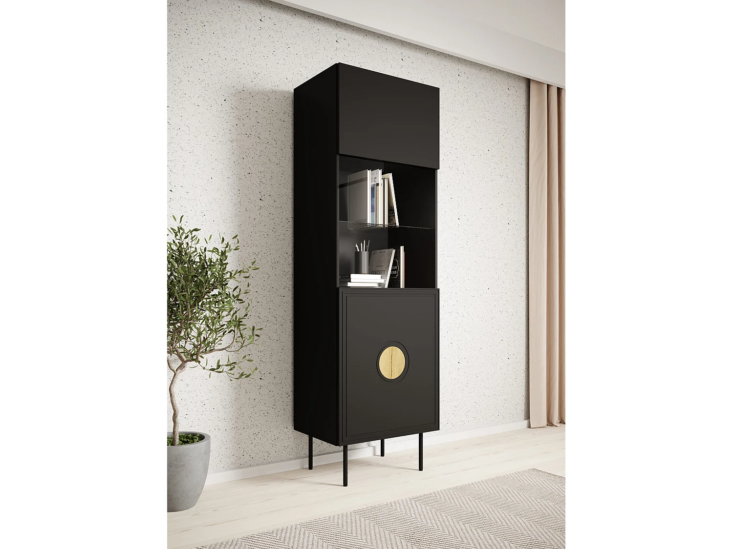 Vitrine PALACE 60 cm 1D noir mat / chêne craft