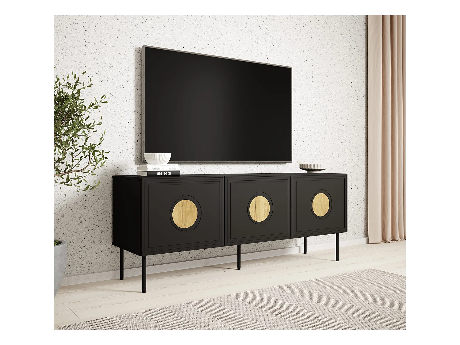 Meuble TV PALACE 150 cm 3D noir mat / chêne craft