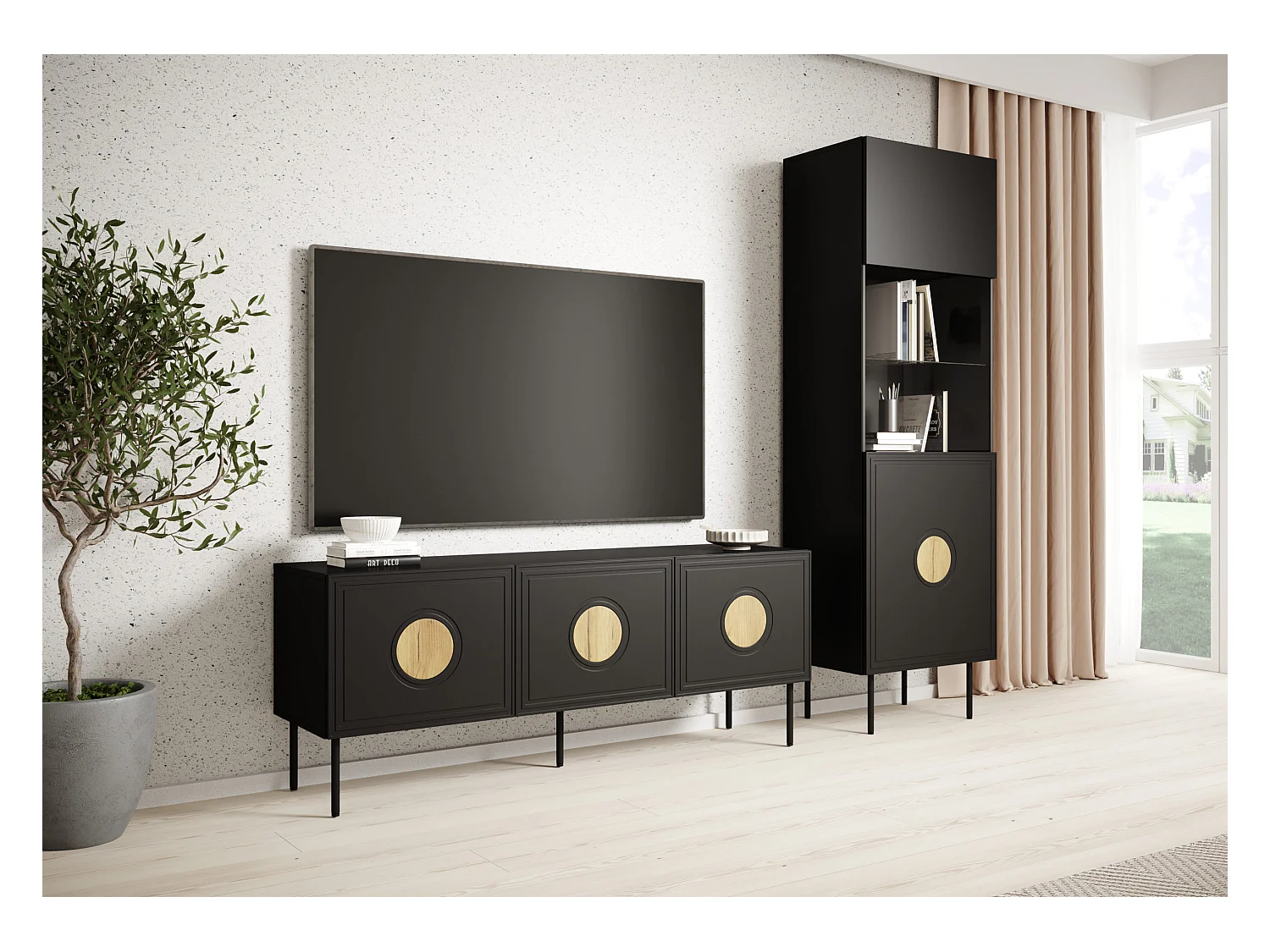 Meuble TV PALACE 150 cm 3D noir mat / chêne craft