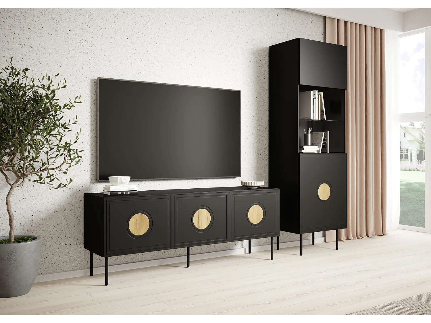 TV-meubel PALACE 200 cm 4D mat zwart / eiken craft