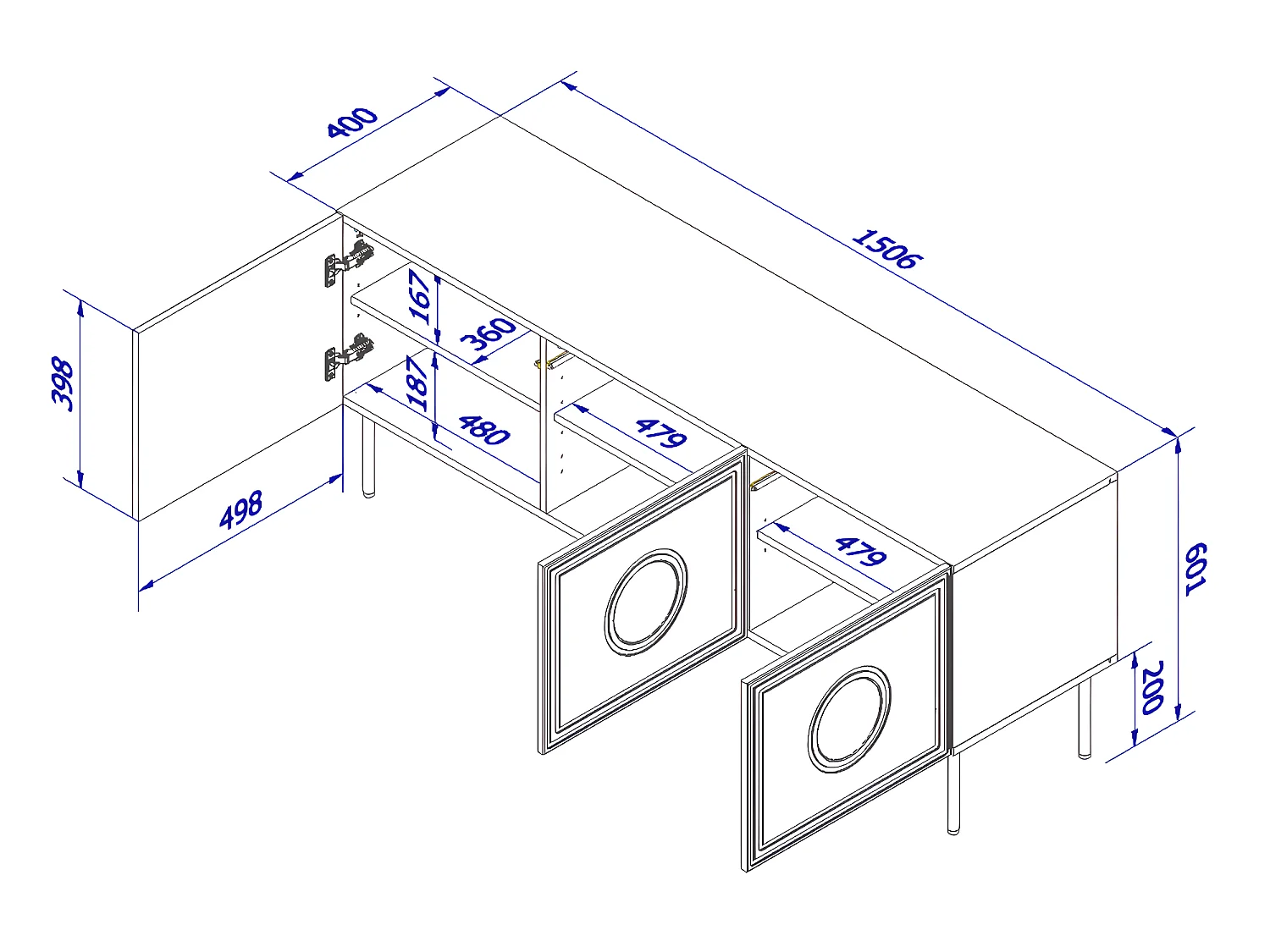 TV-meubel PALACE 200 cm 4D mat zwart / eiken craft