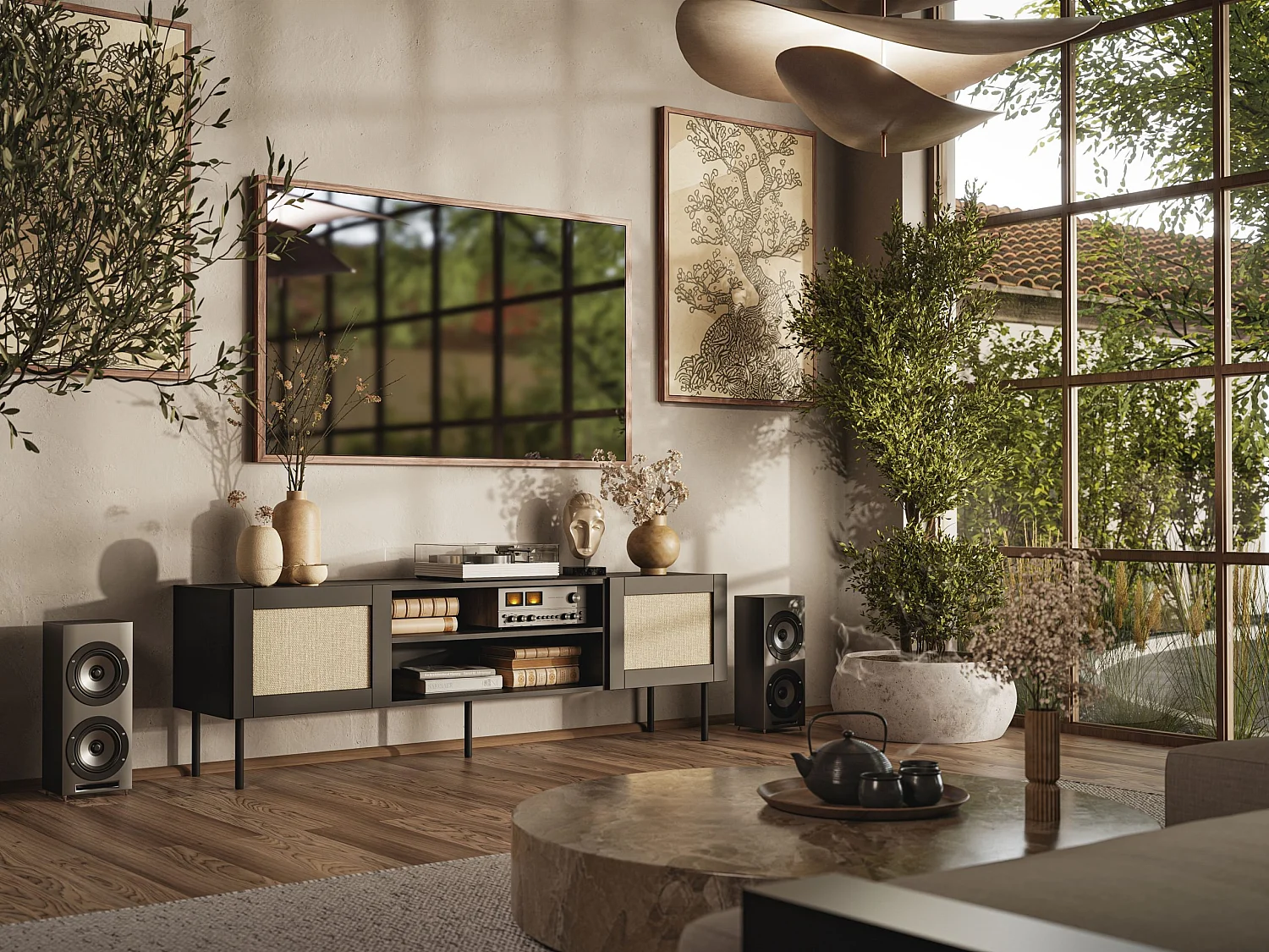 TV-meubel YUCCA 180 cm Zwart Mat / Calabria-rotan