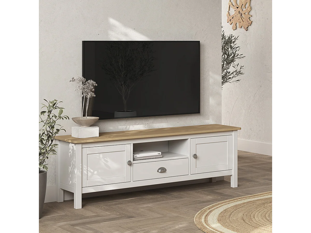 Meuble TV 2 portes 1 tiroir en pin massif blanc / effet chêne 158 cm - Macha