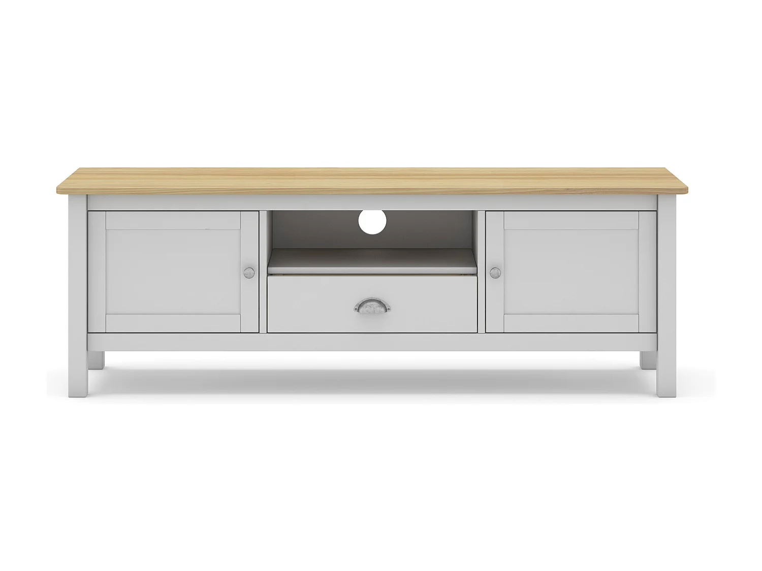 Meuble TV 2 portes 1 tiroir en pin massif blanc / effet chêne 158 cm - Macha