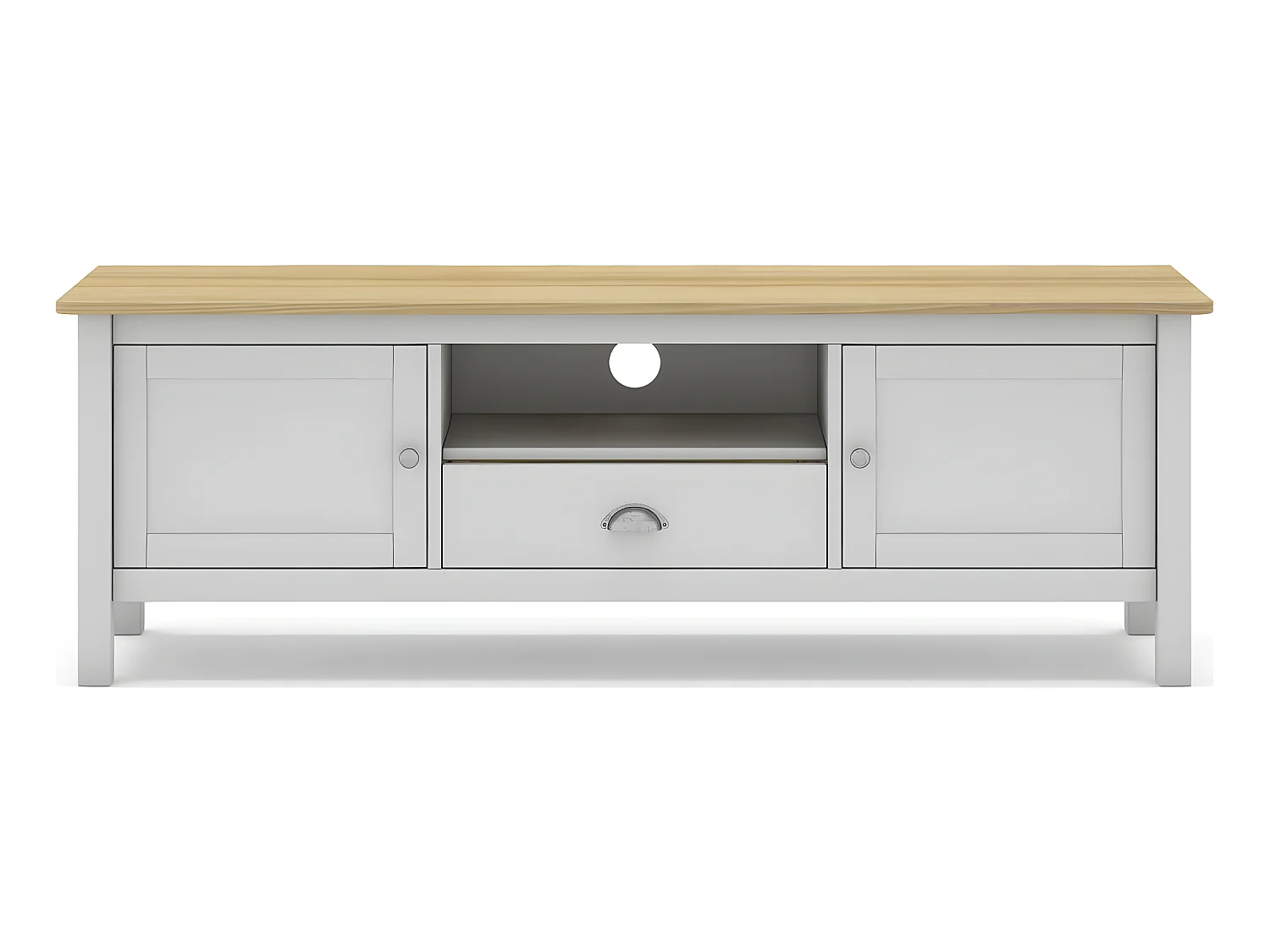 Meuble TV 2 portes 1 tiroir en pin massif blanc / effet chêne 158 cm - Macha