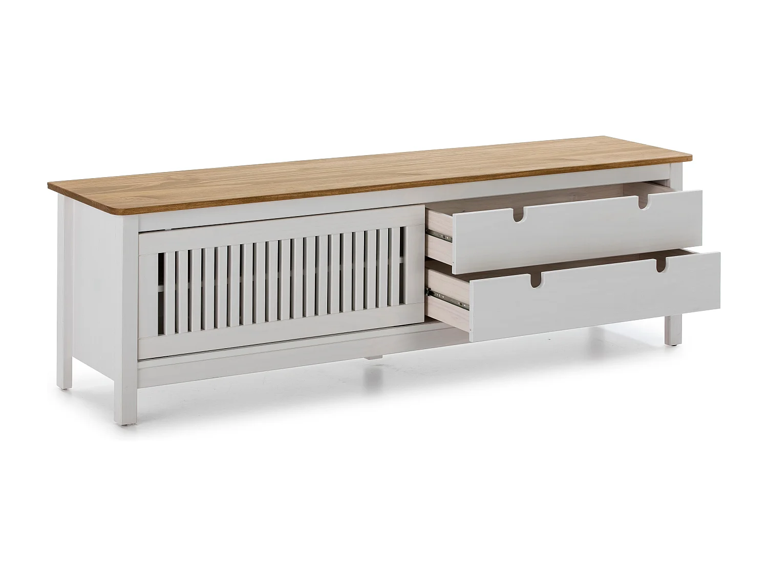 Meuble TV 1 porte coulissante 2 tiroirs en pin massif blanc / effet chêne 158 cm - Fabia