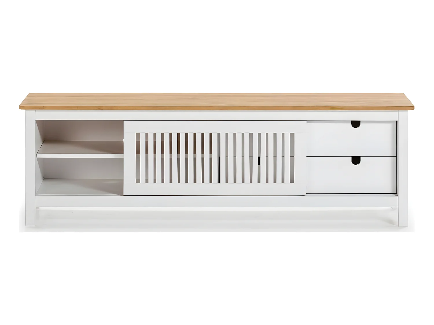 Meuble TV 1 porte coulissante 2 tiroirs en pin massif blanc / effet chêne 158 cm - Fabia