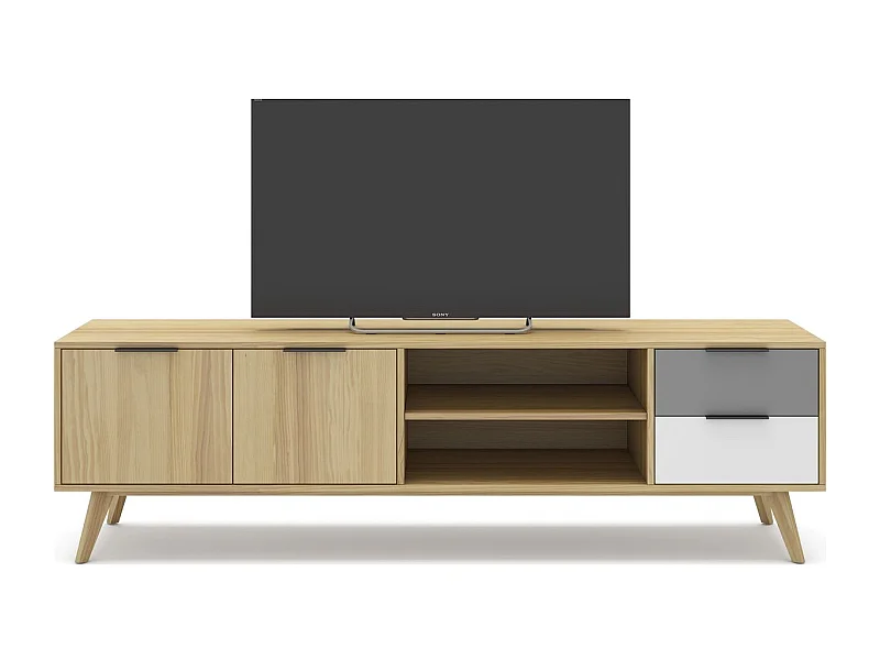 Meuble TV 2 portes 2 tiroirs en pin massif blanc / gris / effet chêne 180 cm - Eddy