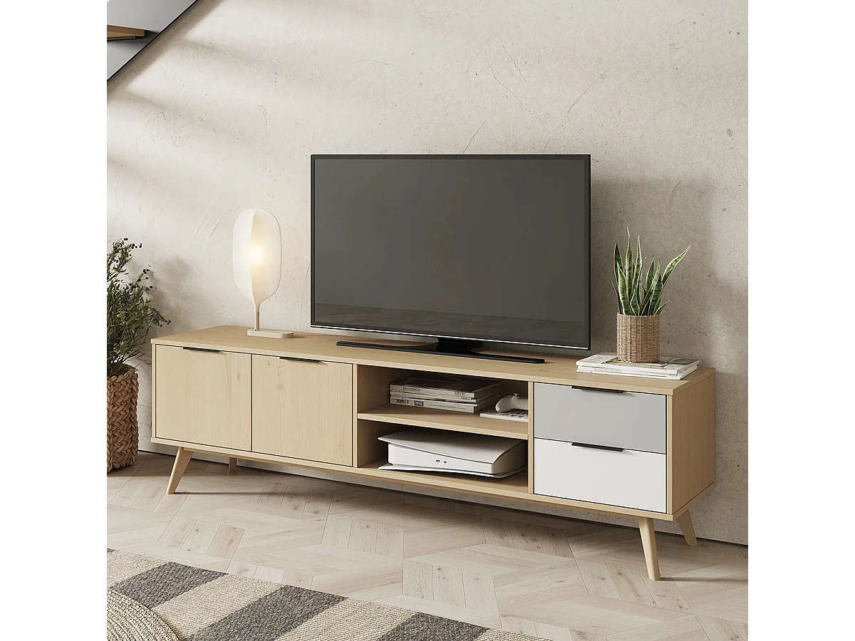Meuble TV 2 portes 2 tiroirs en pin massif blanc / gris / effet chêne 180 cm - Eddy