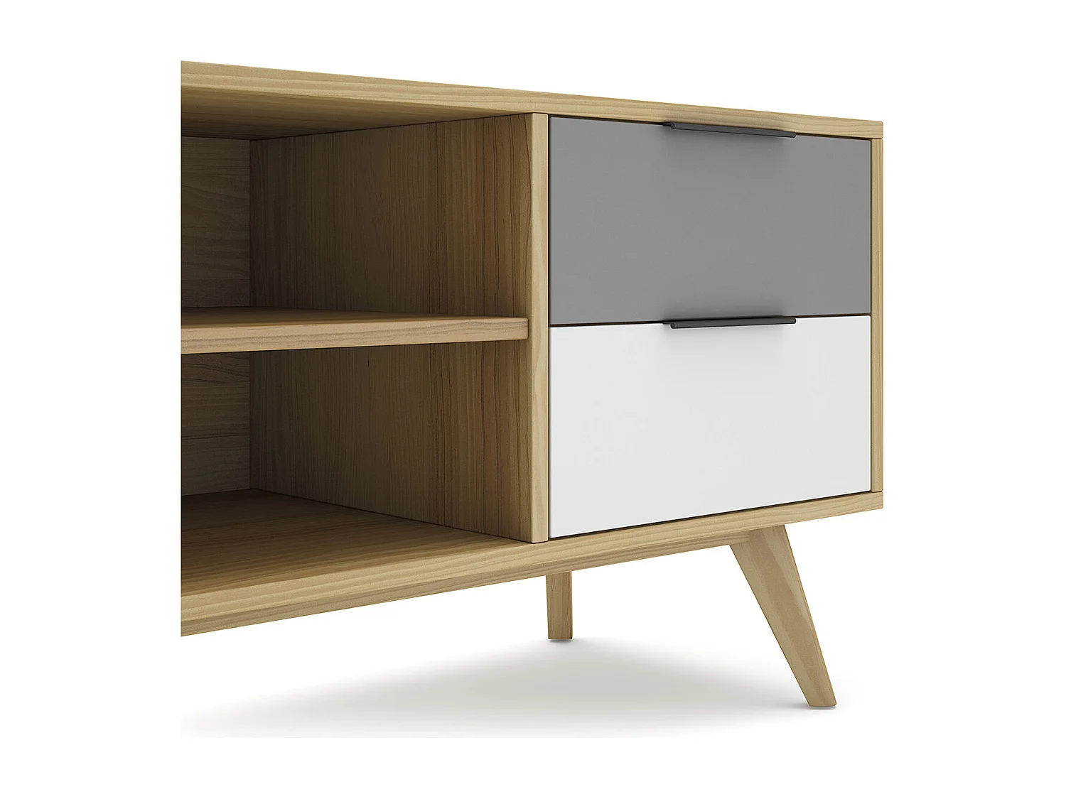 Meuble TV 2 portes 2 tiroirs en pin massif blanc / gris / effet chêne 180 cm - Eddy