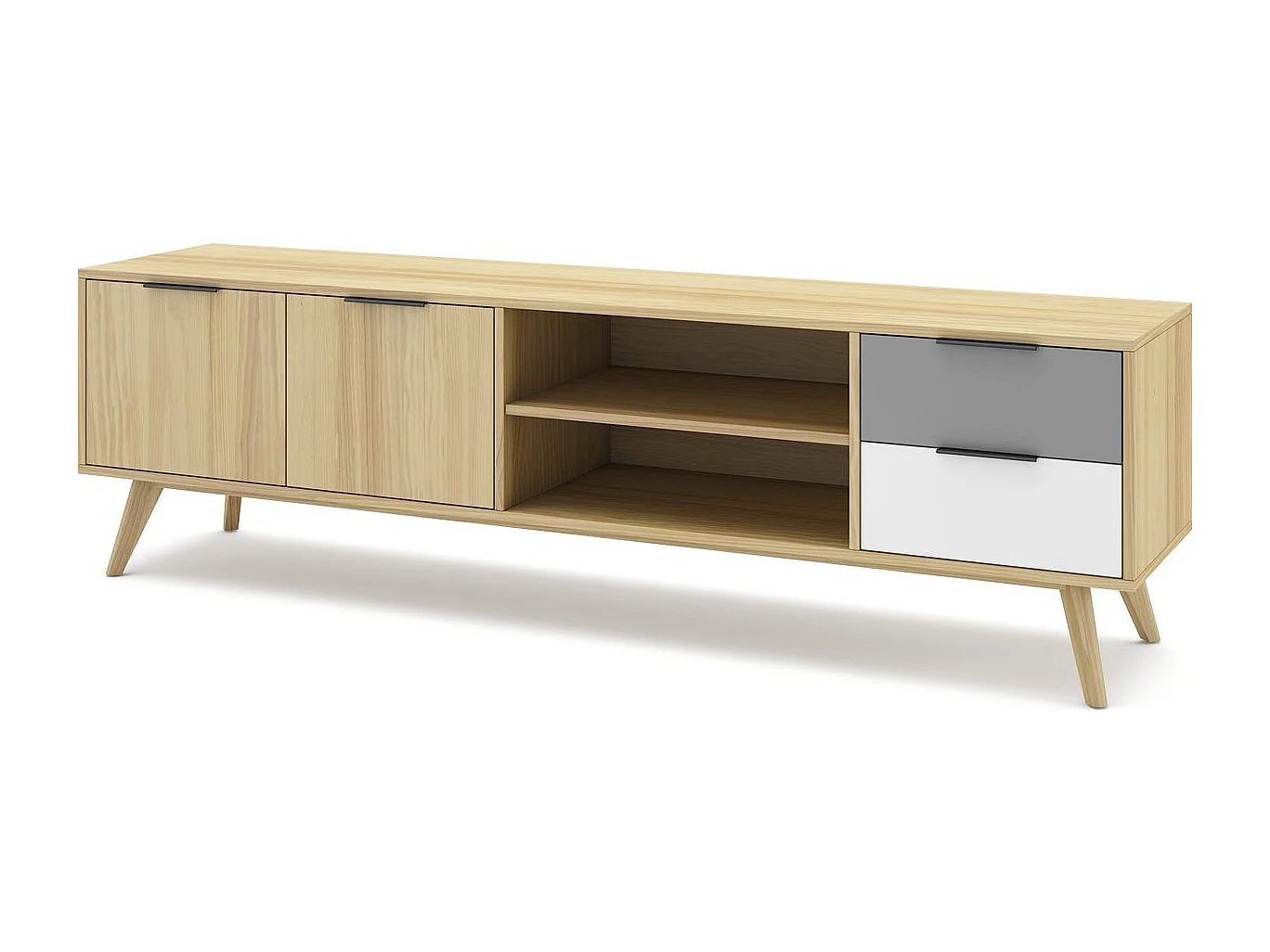 Meuble TV 2 portes 2 tiroirs en pin massif blanc / gris / effet chêne 180 cm - Eddy