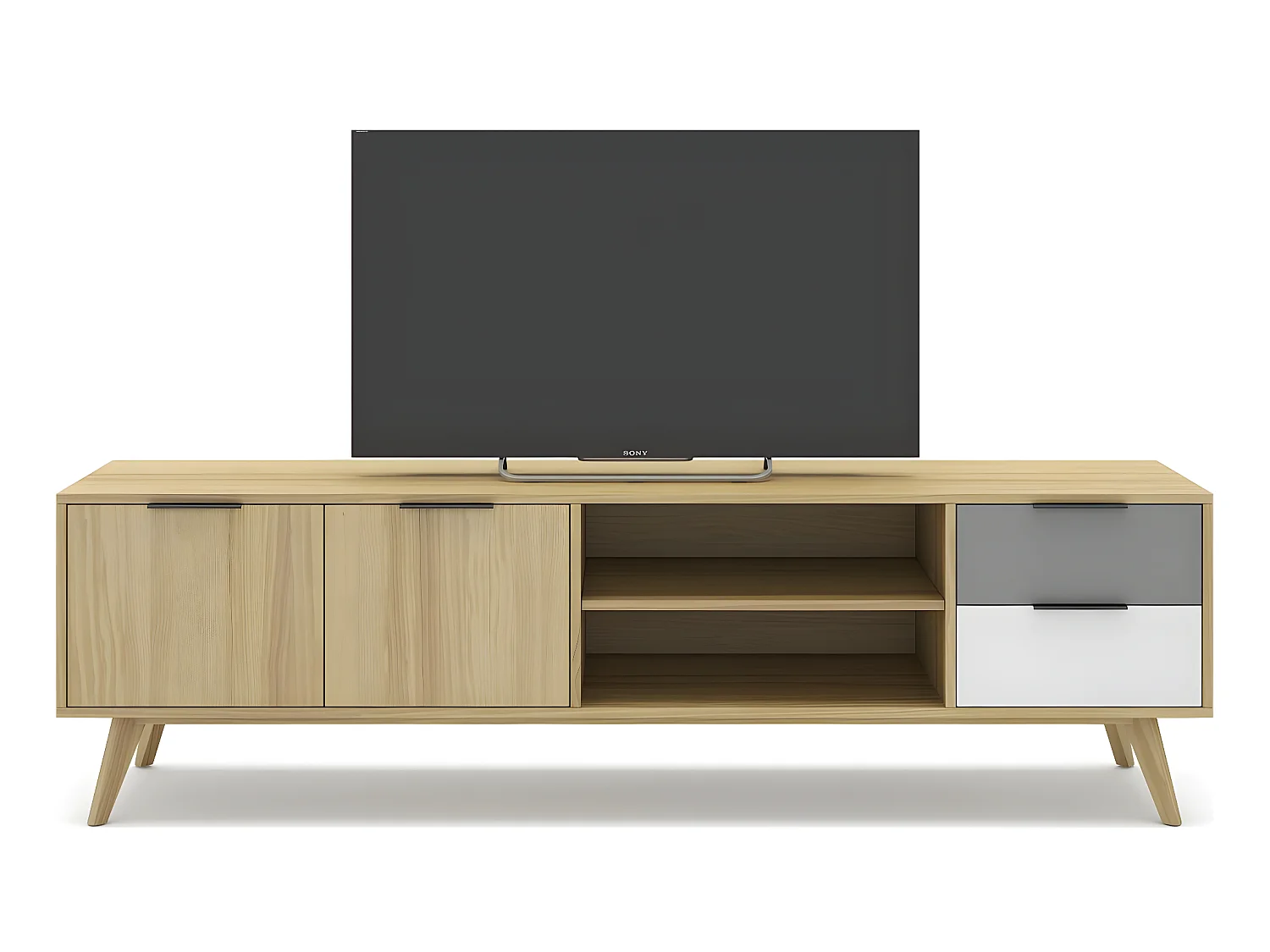 Meuble TV 2 portes 2 tiroirs en pin massif blanc / gris / effet chêne 180 cm - Eddy