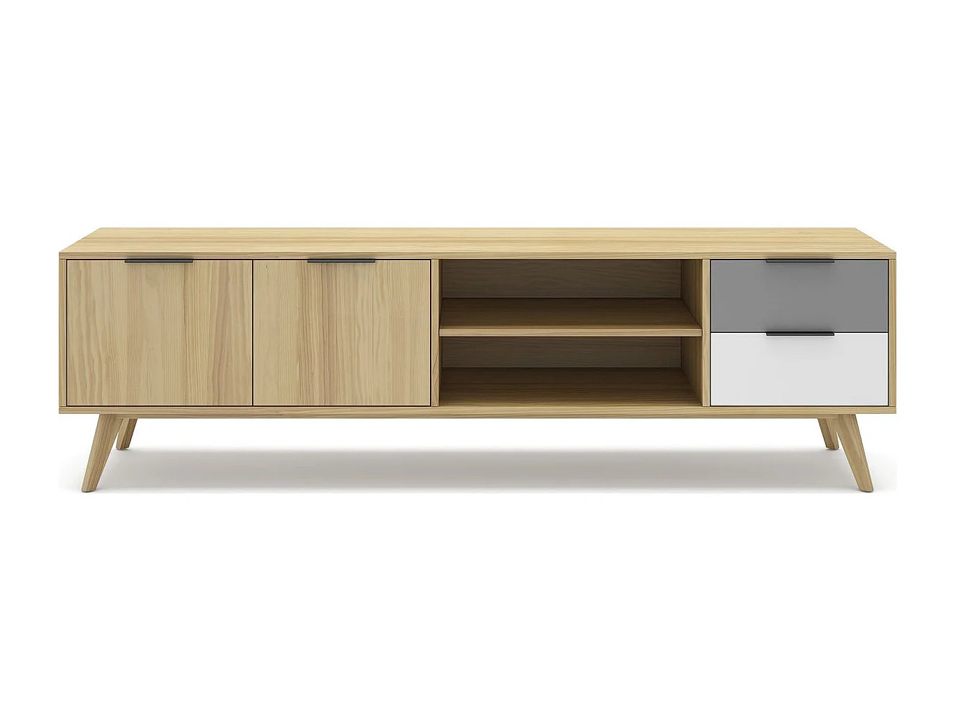 Meuble TV 2 portes 2 tiroirs en pin massif blanc / gris / effet chêne 180 cm - Eddy