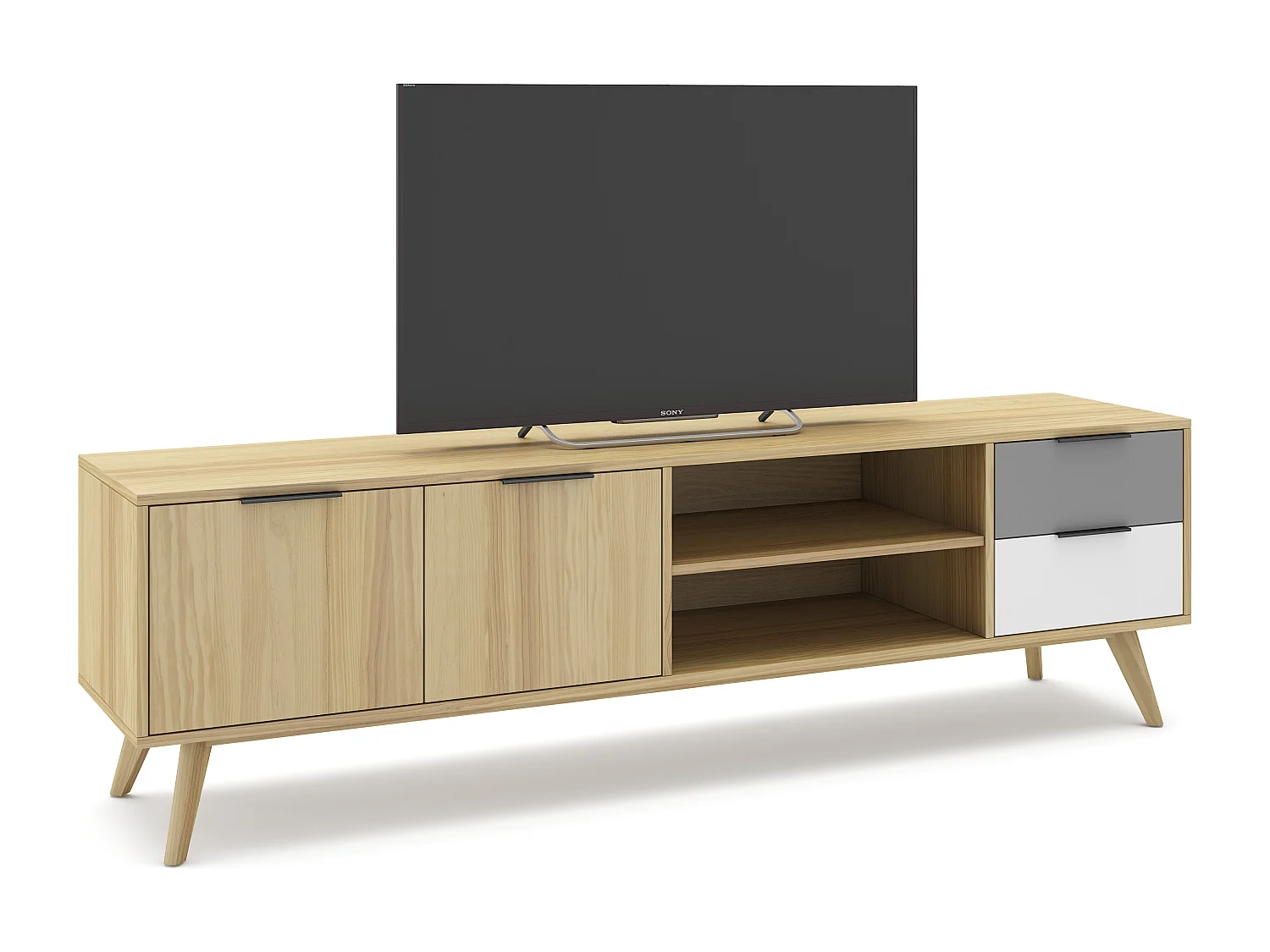 Meuble TV 2 portes 2 tiroirs en pin massif blanc / gris / effet chêne 180 cm - Eddy